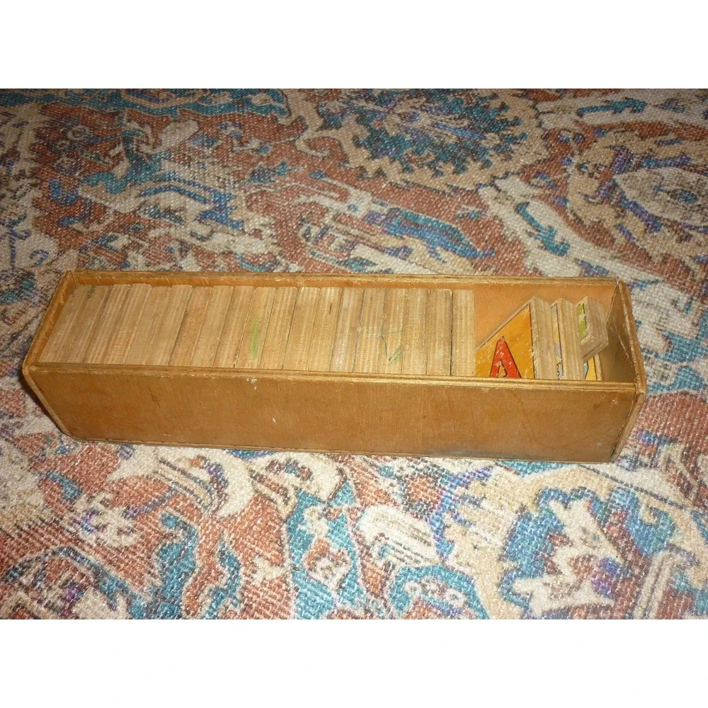 Antique Wood Alphabet Animal Spelling Tiles in Dovetailed Wooden Box Incomplete